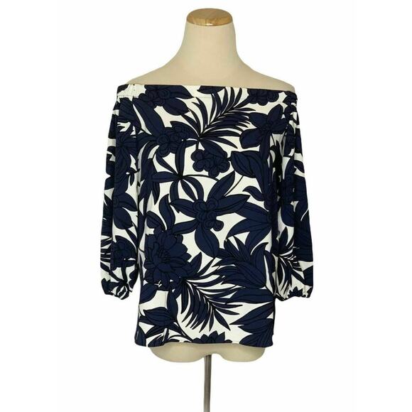 Ann Taylor Blue White Floral Off Shoulder 3/4 Sleeves blouse XS - Picture 7 of 11